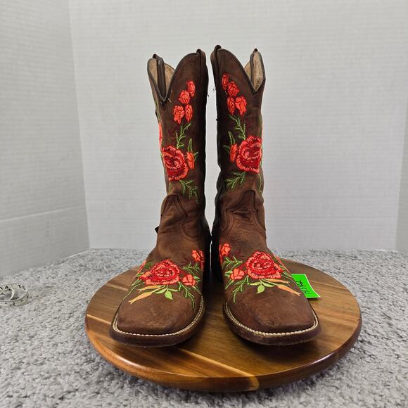 McAllen Boots Brown Leather Floral Embroidered Square Toe Western MX 26.5 US 9.5 - Picture 8 of 16